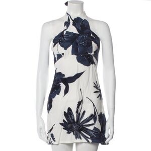 REFORMATION WHITE BLUE FLORAL CROSS NECK STRAP HALTER MINI DRESS SIZE XS
